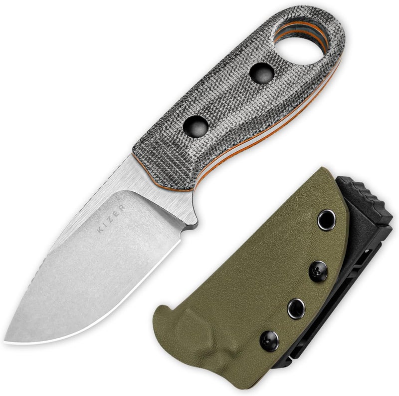 KIZER Beaver Fixed Blade Knife with Sheath, 2.75" Nitro-V Steel Blade EDC Camping Knife with Black Micarta and Orange G10 Handle, Small Bushcraft Survival Hunting Knives for Men Women, 1078A2 - Image 1